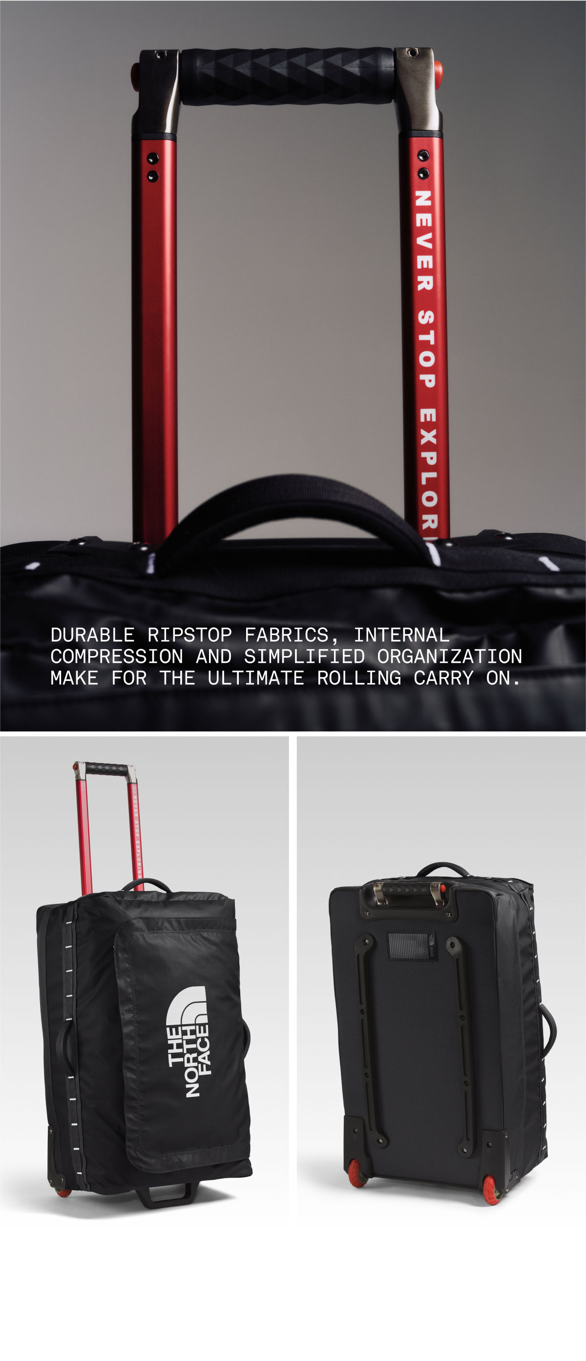 Base Camp Voyager 29" Roller. DURABLE RIPSTOP FABRICS, INTERNAL COMPRESSION AND SIMPLIFIED ORGANIZATION MAKE FOR THE ULTIMATE ROLLING CARRY ON.