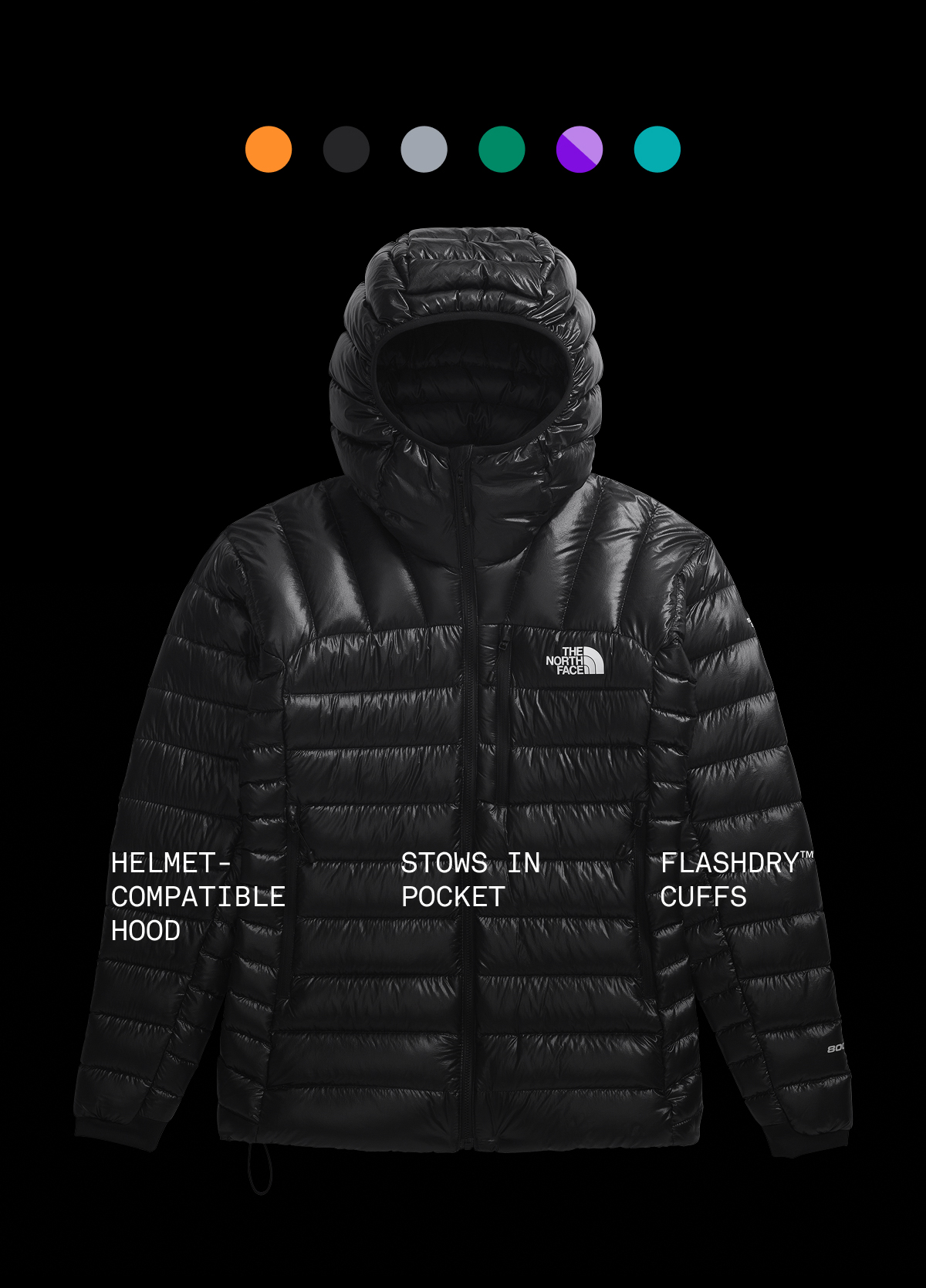 HELMET- COMPATIBLE HOOD.  STOWS IN POCKET.  FLASHDRY CUFFS.
