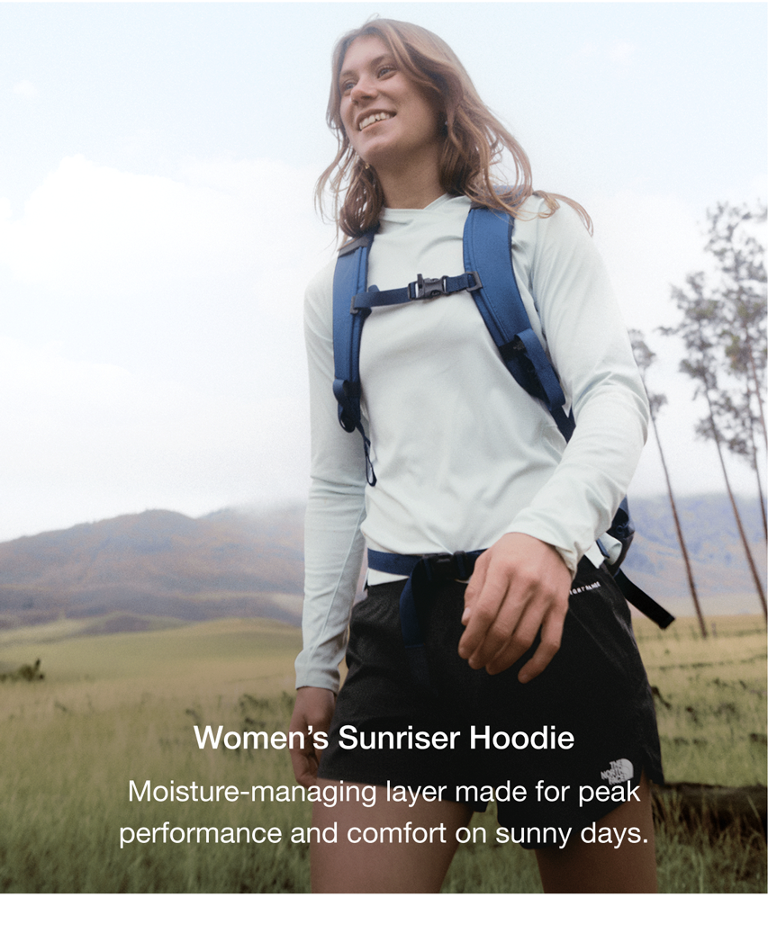 Women's Sunriser Hoodie. Moisture-managing layer made for peak performance and comfort on sunny days.