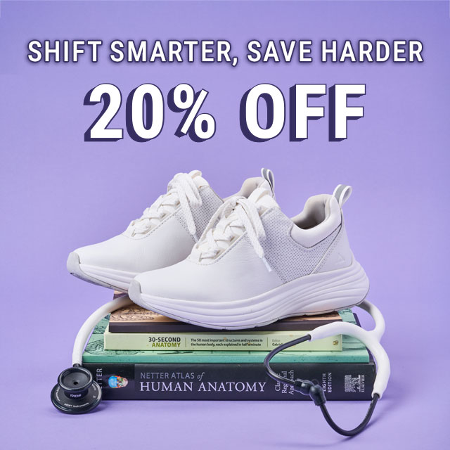 Shift Smarter, Save Harder. 20% off. The Align™ Tulia sneakers in white sitting on top of medical books. Shop women's athletic shoes.