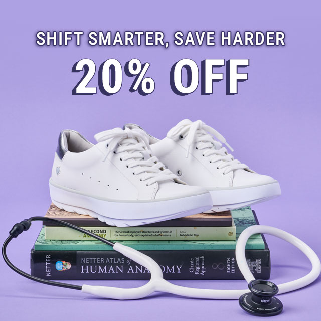 Shift Smarter, Save Harder. 20% off. The Calliope sneakers in white on top of nursing books. Shop nursing student essentials. 