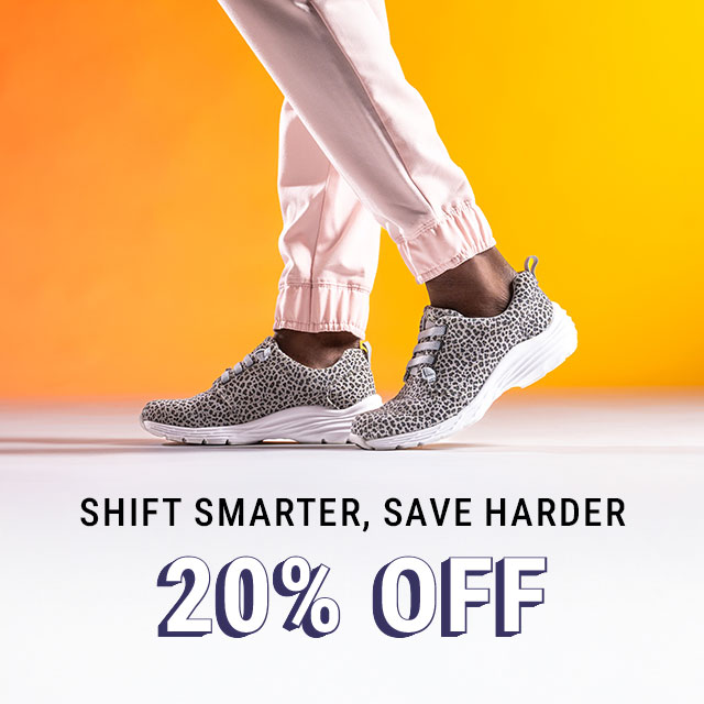 Shift Smarter, Save Harder. 20% off. A woman wearing the Align™ Velocity sneakers in animal print. Shop women's footwear.
