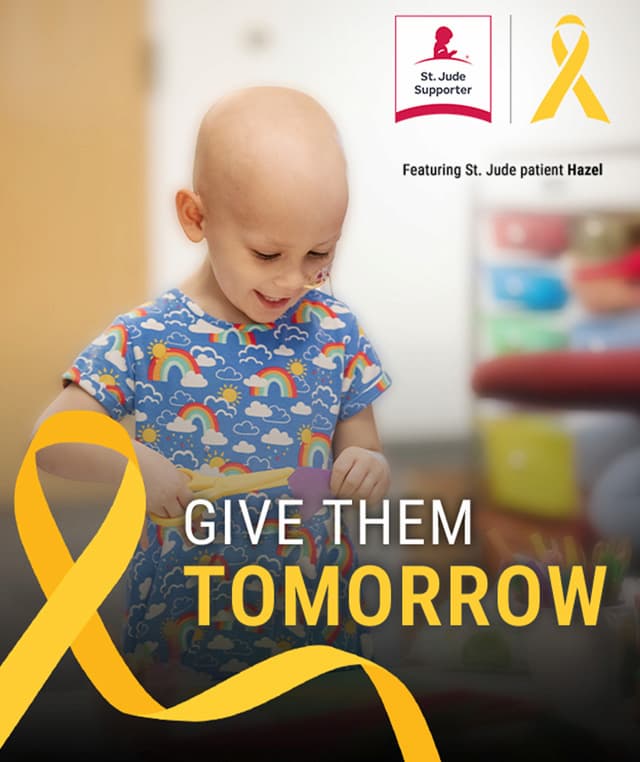 Give them tomorrow. Featuring St. Jude Patient Hazel. Hazel doing arts and crafts. St Jude Supporter and ribbon logo. Shop St. Jude collection. 