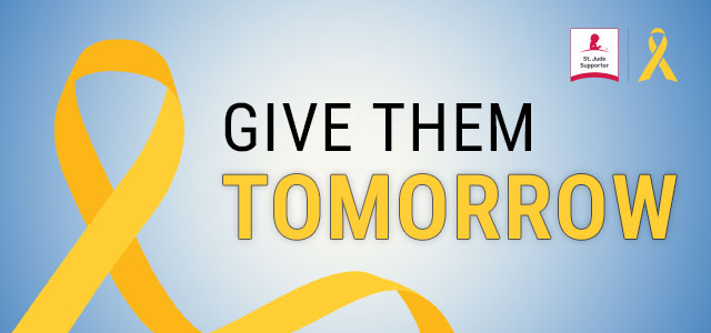 Give them tomorrow. St Jude Supporter and ribbon logo. Shop St. Jude collection. 