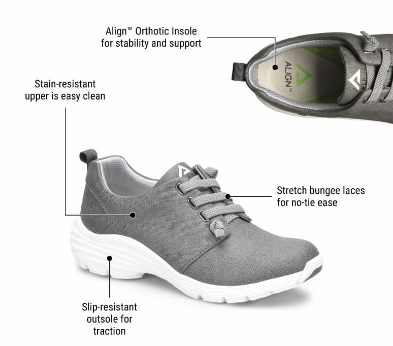 A profile and top down shot of the The Align™ Velocity sneaker in grey with callouts: Stretch bungee laces for no-tie ease, Stain-resistant upper is easy clean, Slip-resistant outsole for traction, Align™ Orthotic Insole for stability and support.
