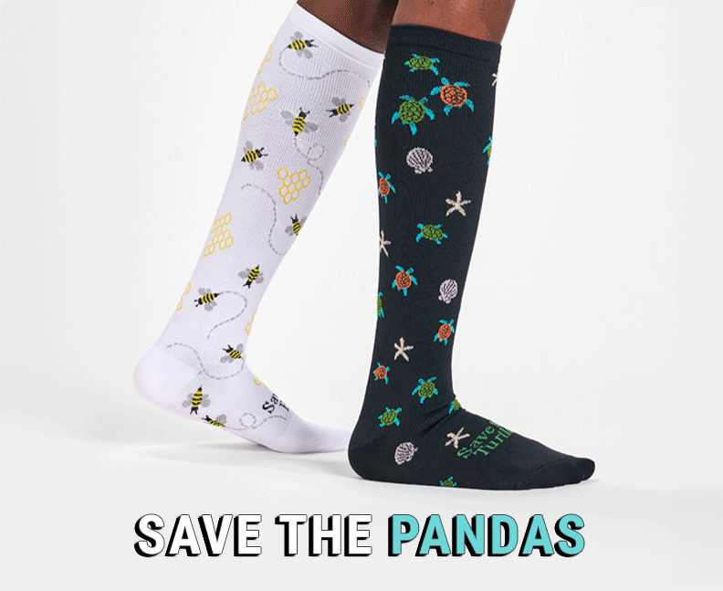 Save the pandas, turtles, elephants and bees. A woman wearing the endangered species compression socks in pandas and bees. Shop women's compression socks. 