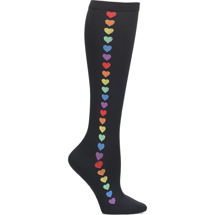 Shop the compression socks in rainbow hearts black