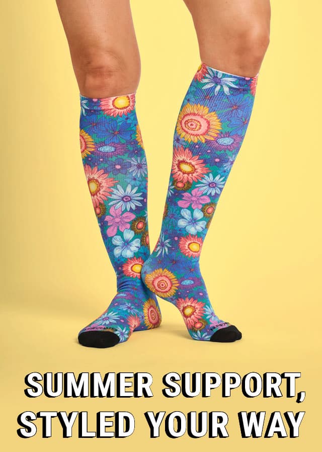 Summer Support, styled your way. A woman wearing the Compression Socks 360 in botanical gardens. Shop women's compression socks. 
