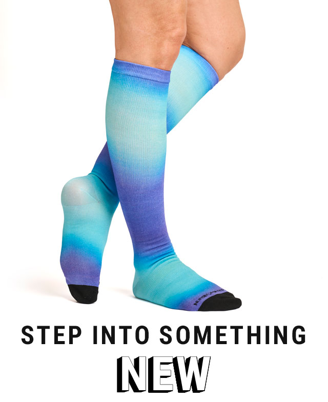 Step into something new. A woman wearing compression socks in blue. Shop women's new arrivals.