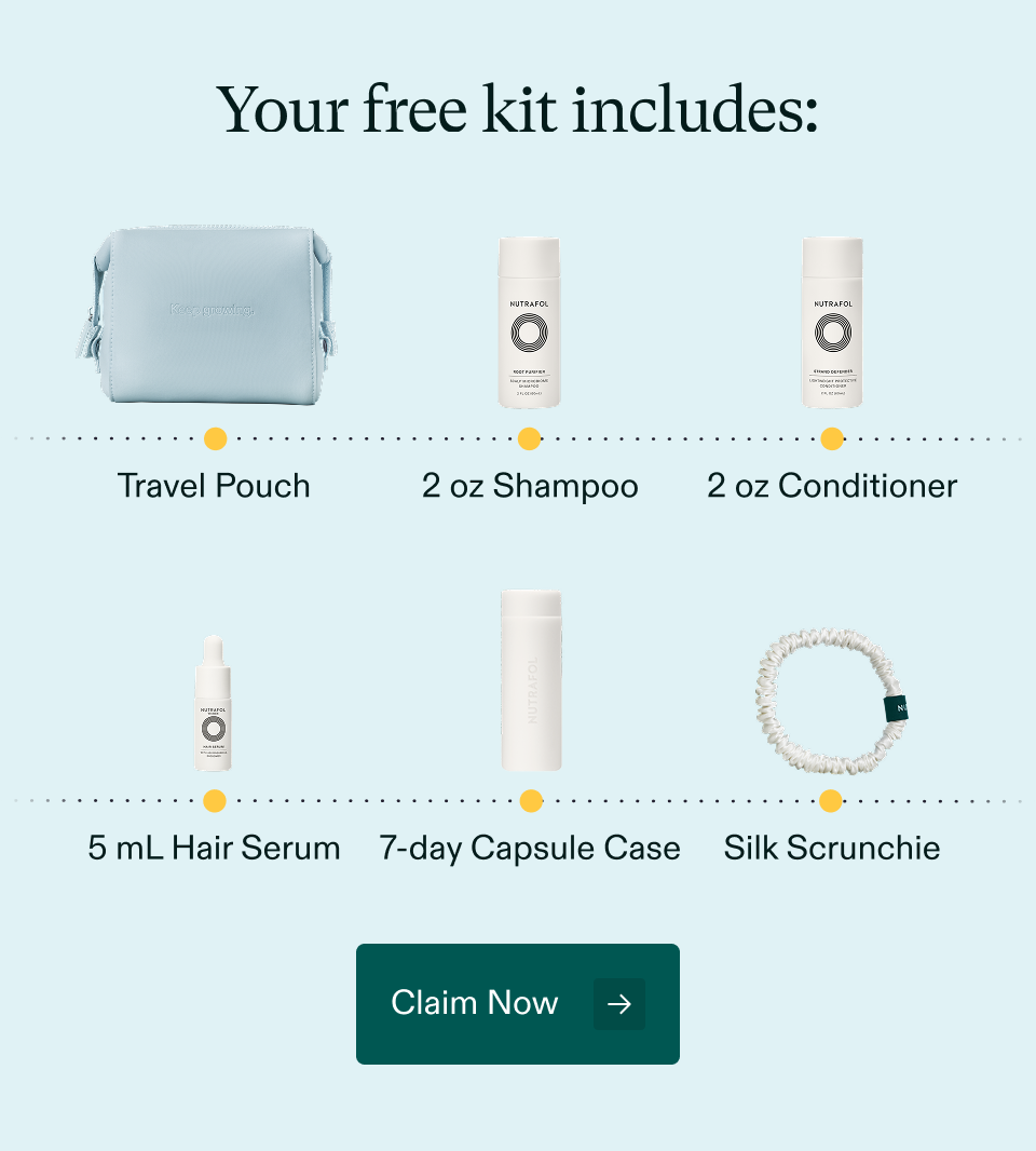 Your free kit includes: Travel Pouch | 2 oz Shampoo | 2 oz Conditioner | 5 mL Hair Serum | 7-day Capsule Case | Silk Scrunchie. Claim Now.