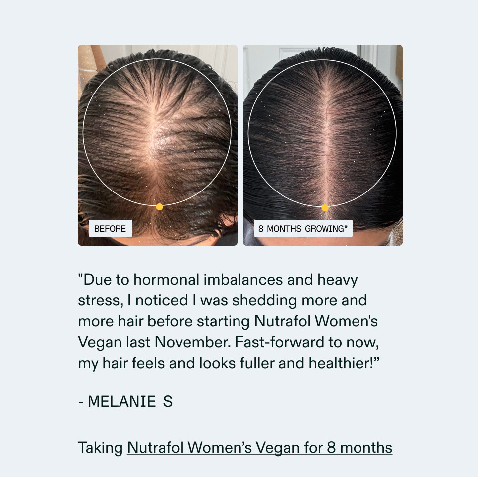 Due to hormonal imbalances and heavy stress, I noticed I was shedding more and more hair before starting Nutrafol Women's Vegan last November. Fast-forward to now, my hair feels and looks fuller and healthier!”- MELANIE S | Taking Nutrafol Women’s Vegan for 8 months