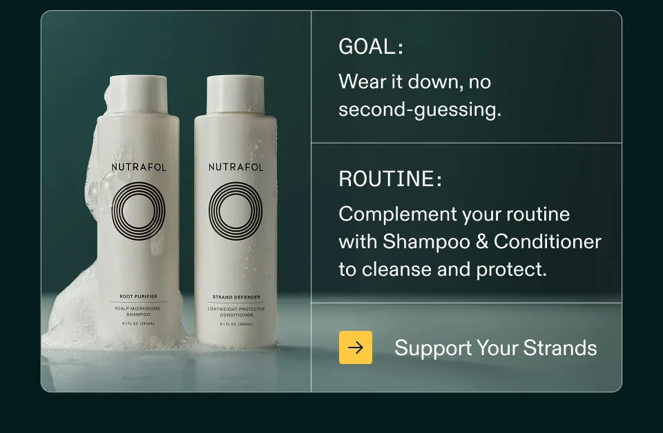 Goal: Wear it down, no second-guessing. Routine: Complement your routine with Shampoo and Conditioner to cleanse and protect. Support Your Strands.