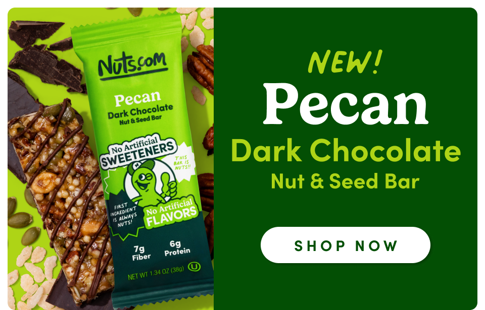 NEW! Pecan Dark Chocolate Nut & Seed Bar; Shop now