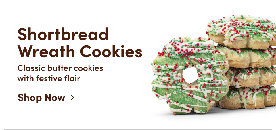 Shortbread wreath cookies - classic butter cookies with festive flair; Shop now