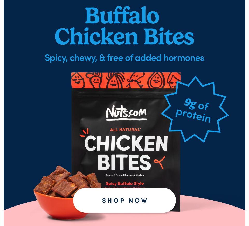 Buffalo Chicken Bites | Spicy, chewy, & free of added hormones | 9g of protein; Shop Now