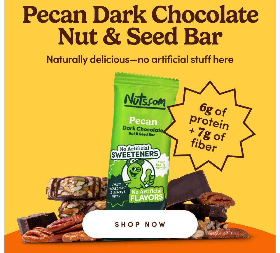 Pecan Dark Chocolate Nut & Seed Bar | Naturally delicious-no artificial stuff here | 6g of protein + 7g of fiber; shop now