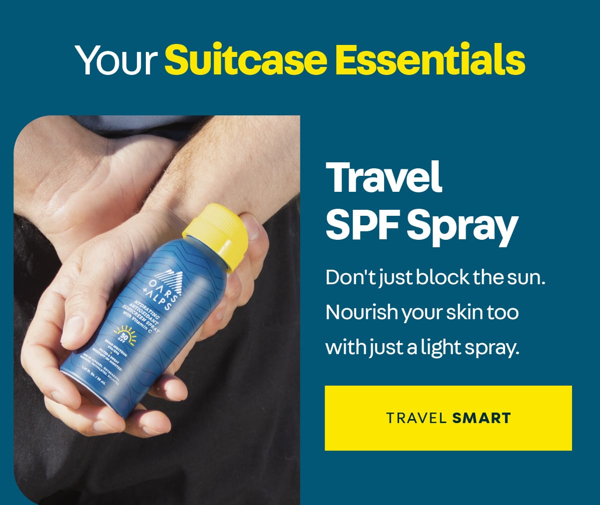 Man holding a bottle of Oars + Alps Travel Size SPF 50 Spray