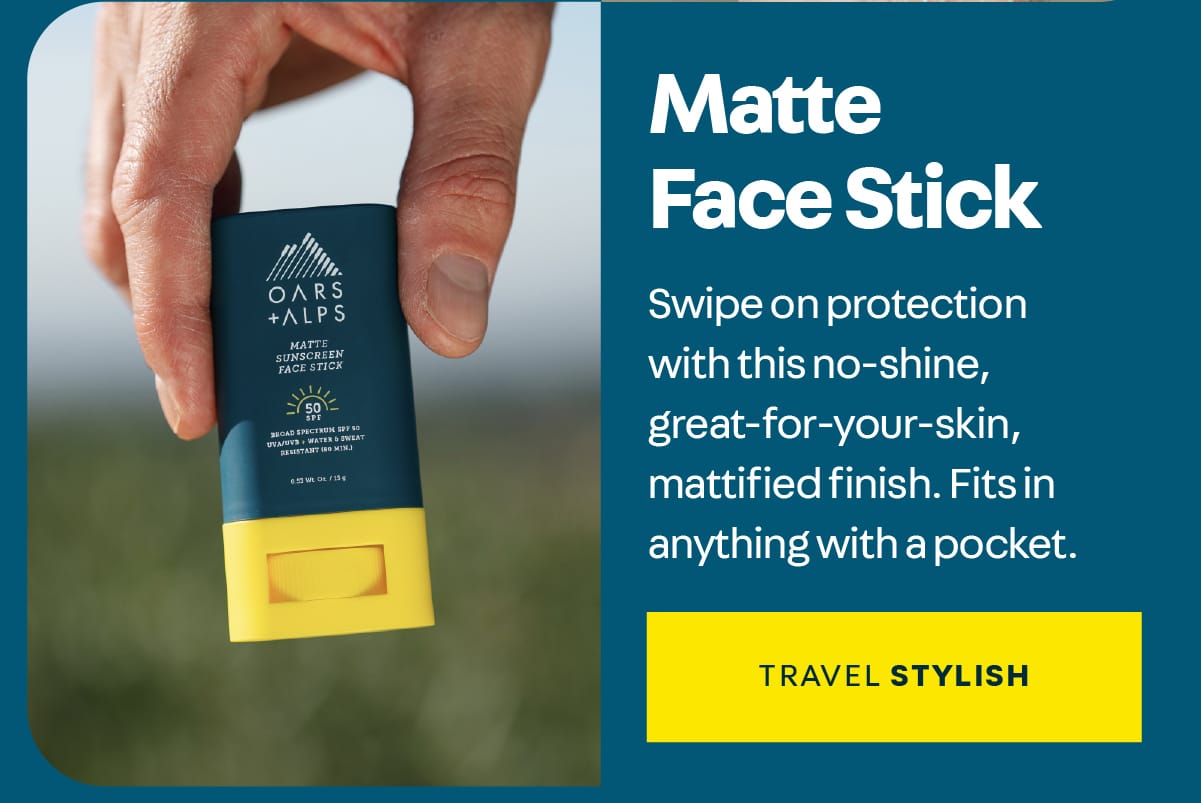Man holding an Oars + Alps Matte Face Stick between his thumb and index finger outside