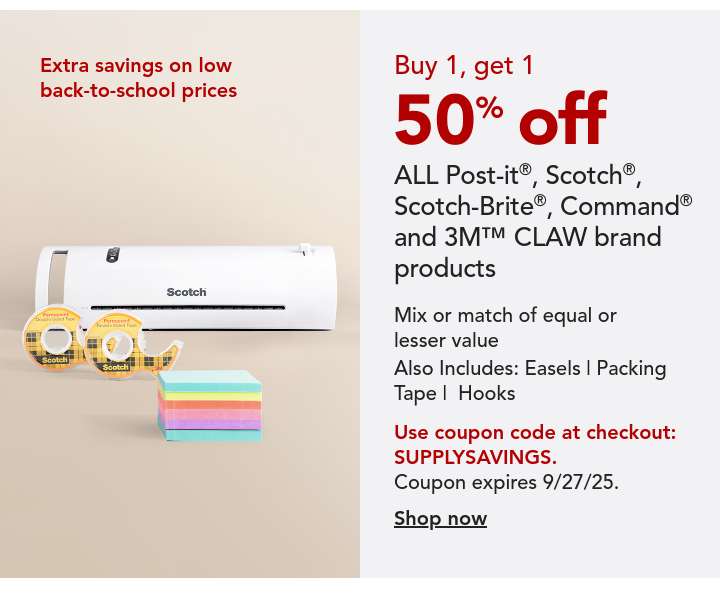 B1G1 50% off for Scotch, Command, Post It and Claw