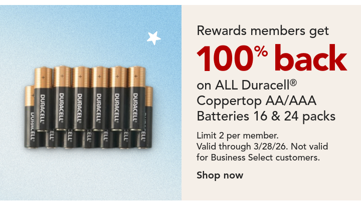 100% back in Bonus Rewards on select AA/AAA 16 & 24 packs Duracell Batteries