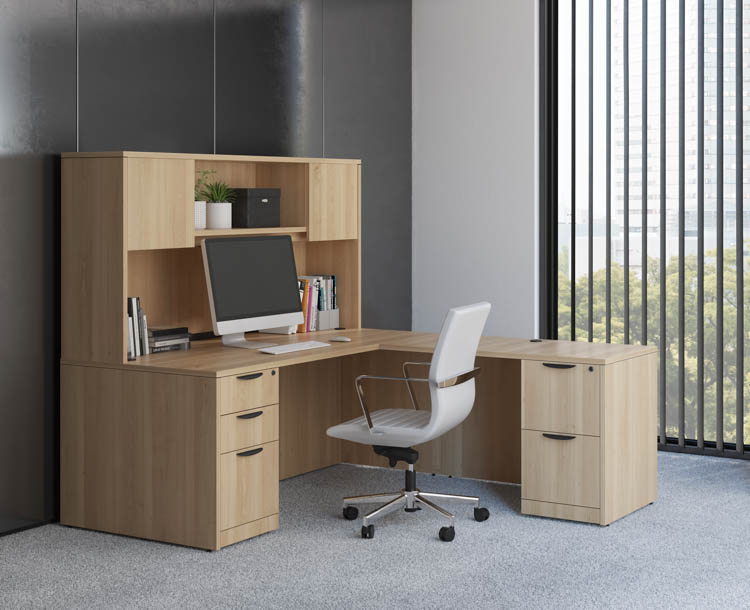 The 72in x 83in L Shaped Desk Unit is finished with thermally fused laminate and features impact resistant edges for long-term use. 