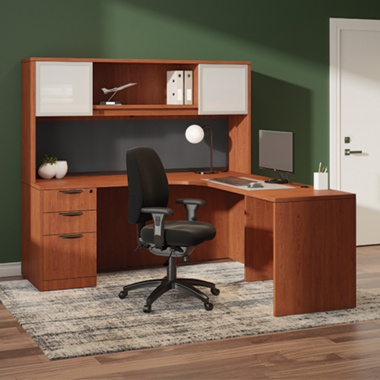 The 71in x 83in Curve Corner Single Slim BBF Ped L-Desk and 2-Glass Door Hutch features ample storage and a stylish exterior with a professional flair. 