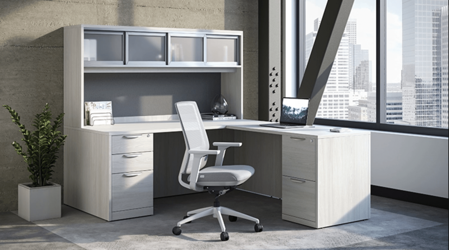Durable laminate work surfaces make our 71in x 77in L-Shaped Double Pedestal Desk With Sliding Glass Door Hutch a solid investment. 