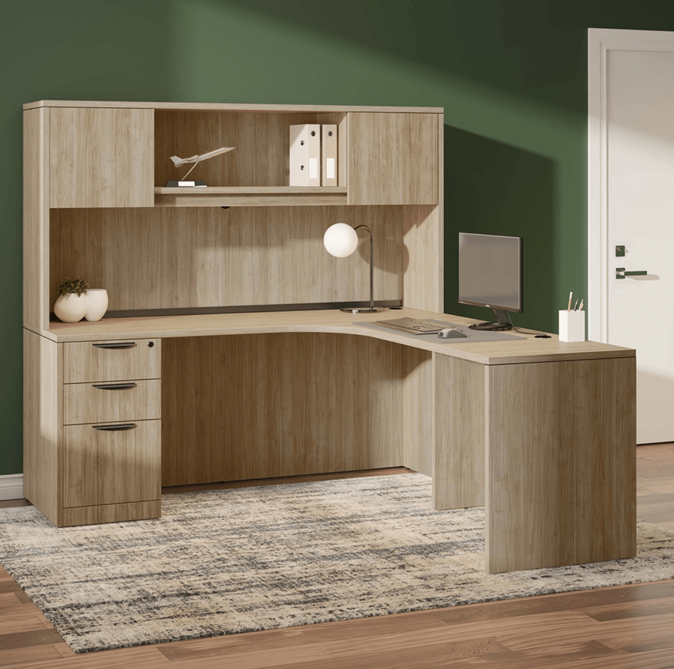 The 71in x 78in Curve Corner Single Slim BBF Ped L-Desk and 2-Wood Door Hutch has a rich wood look and feel paired with a durable laminate finish. 