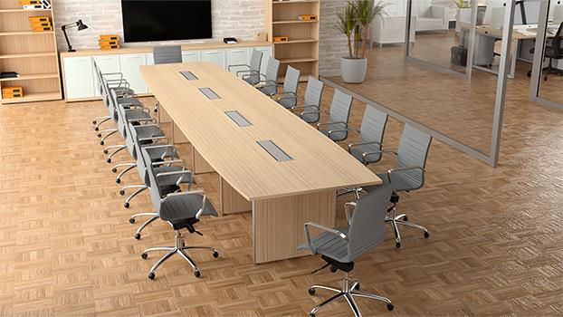 The 18-foot Boat-Shaped Conference Table has a rich wood look and feel that will impress anybody you call to the conference room. 
