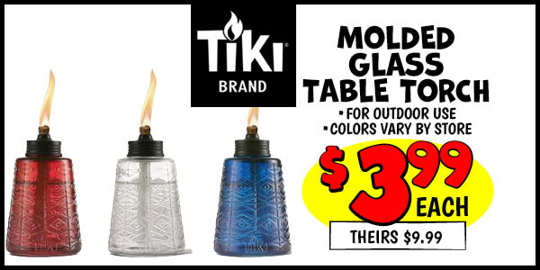 Tiki Molded Glass Table Torch: Our Price: $3.99, theirs: $9.99