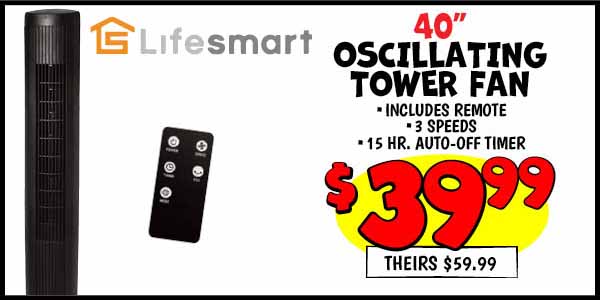40 in. Oscillating Tower Fan: Our Price: $39.99, theirs: $59.99