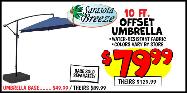 Sarasota Breeze 10 ft. Offset Umbrella: Our Price: $79.99, theirs: $129.99