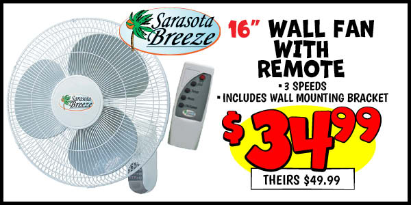 16 in. Wall Fan with Remote: Our Price: $34.99, theirs: $49.99
