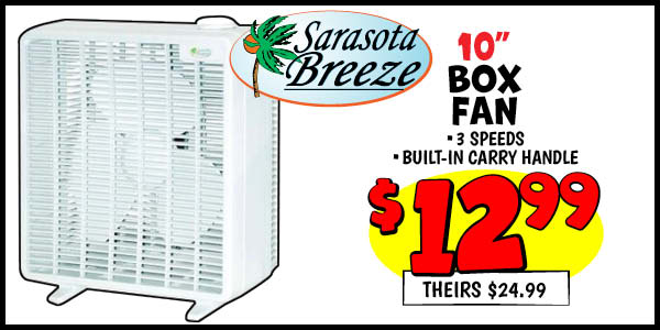 10 in. Box Fan: Our Price: $12.99, theirs: $24.99