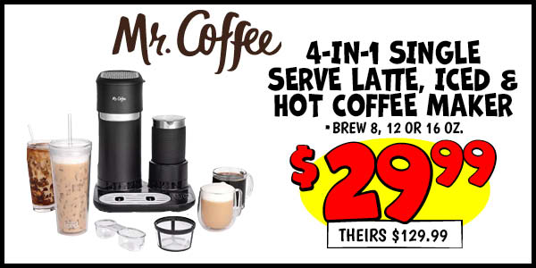 4-in-1 Single Serve Latte, Iced and Hot Coffee Maker: Our Price: $29.99, theirs: $129.99