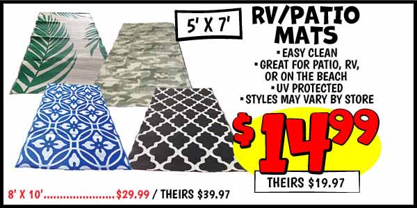 RV/Patio Mats: 5x7,Our Price: $14.99, theirs: $19.97, line,list,8x10,Our Price: $29.99, theirs: $39.97