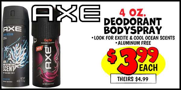 4 OZ. Deodorant Bodyspray: Our Price: $3.99, theirs: $4.99