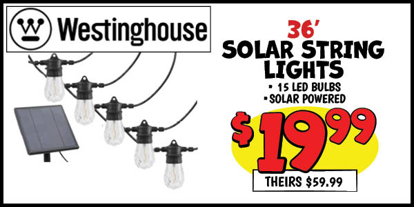 36' Solar Outdoor String Lights: Our Price: $19.99, theirs: $59.99