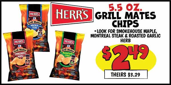 5.5 oz. Herr's Grill Mates Chips: Our Price: $2.49, theirs: $3.29