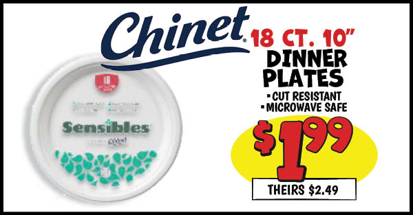 18 ct. 10 Dinner Plates : Our Price: $1.99, theirs: $2.49