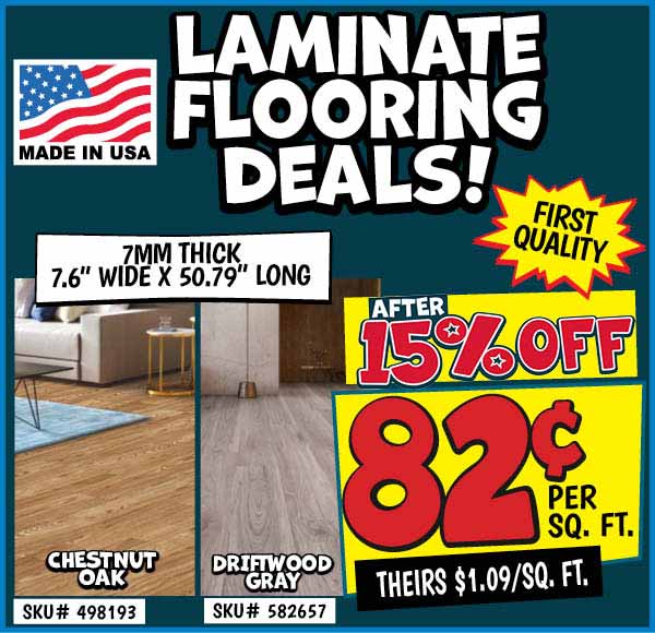 7mm Water Resistant Laminate Flooring: Per,sq.,ft.,Our Price: $0.82 After Discount, theirs: $1.09