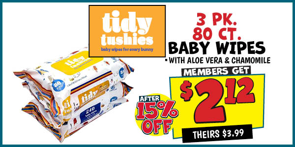 3 pk. Tidy Tushies Baby Wipes: Our Price: $2.12 After Discount, theirs: $3.99