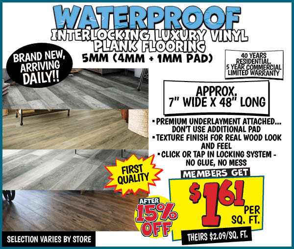 Waterproof LVP Vinyl Laminate Flooring: Price,Per,Sq, Ft.,Our Price: $1.61 After Discount, theirs: $2.09