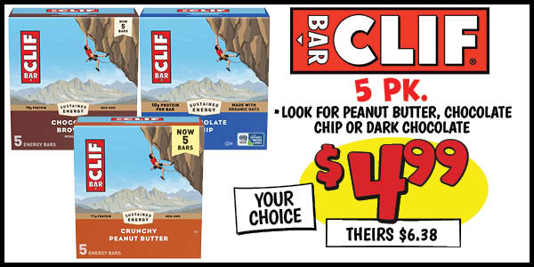 5 pk. Clif Bars: Our Price: $4.99, theirs: $6.38