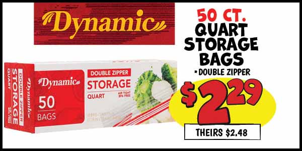 50 ct. Quart Storage Bags: Our Price: $2.29, theirs: $2.48