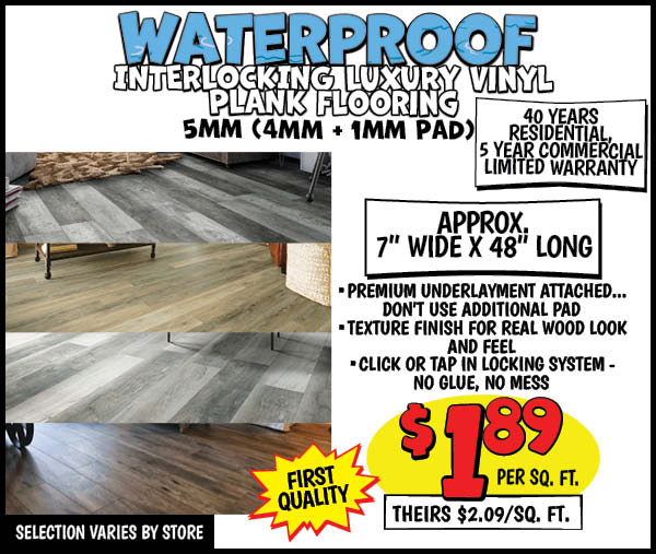 Waterproof Luxury Vinyl Plank: Price,Per,Sq, Ft.,Our Price: $1.89, theirs: $2.09