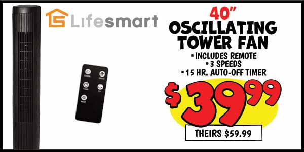40 in. Oscillating Tower Fan: Our Price: $39.99, theirs: $59.99