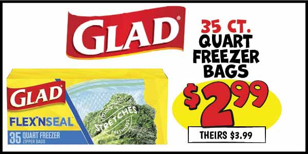 35 Ct. Quart Freezer Bags: Our Price: $2.99, theirs: $3.99