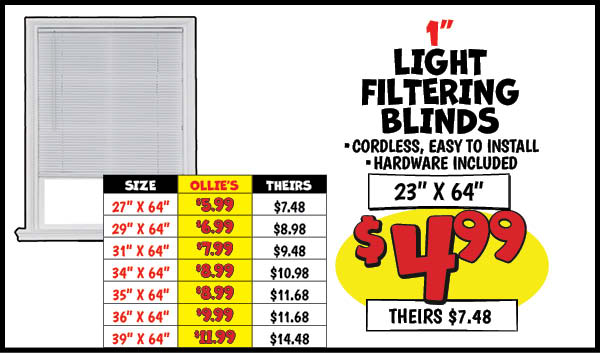 1 in. Light Filtering Blinds: 23x64,Our Price: $4.99, theirs: $7.48