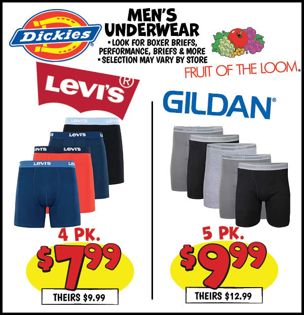 Men's Underwear: 4pks,Our Price: $7.99, theirs: $9.99, 5pks,Our Price: $9.99, theirs: $12.99